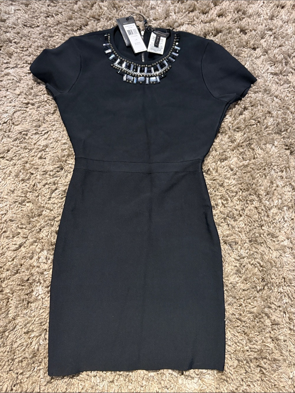 BCBGMaxAzria Black Embellished Jewel Neck Mini Dress